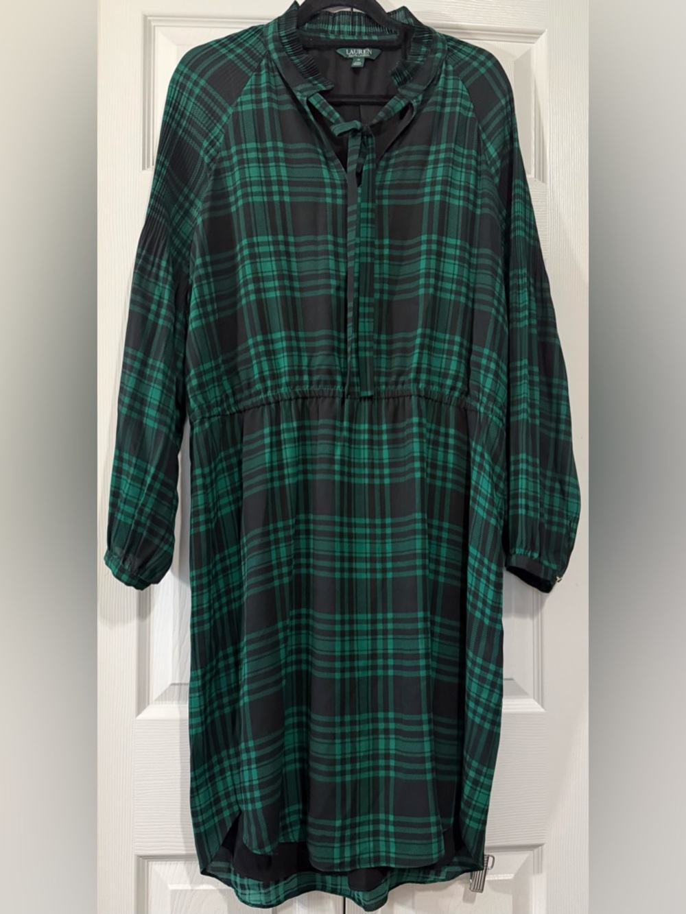 Lauren Ralph Lauren Plaid Tie-Neck Dress Size 16 Green Black Long Sleeve